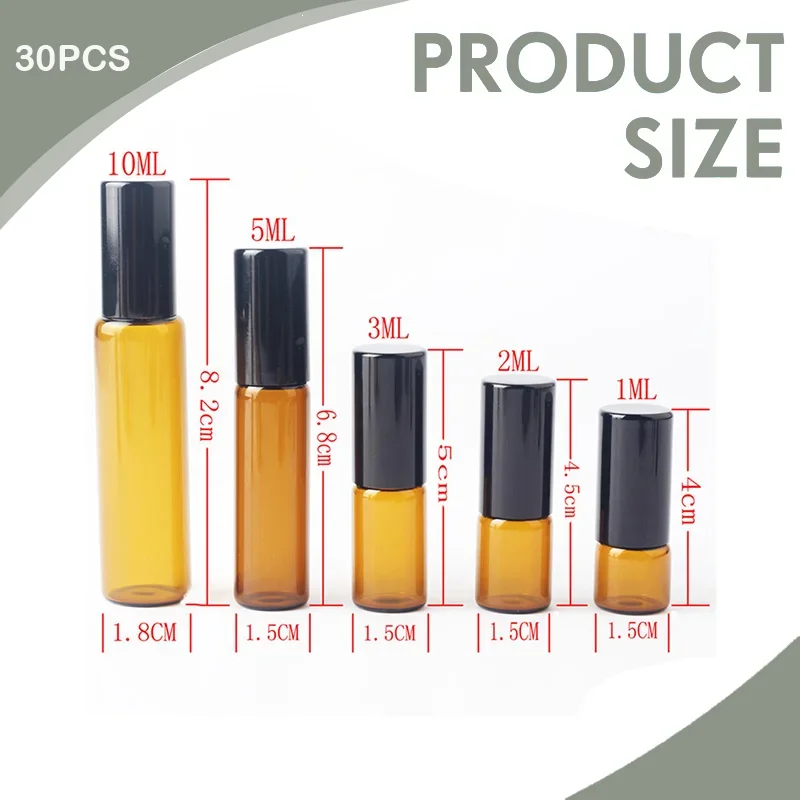 앰버 유리 스틸 롤러 볼 병, 미니 롤 온 에센셜 오일 리필 용기, 빈 향수 병, 30 개, 1 ml, 2 ml, 3 ml, 5 ml, 10ml