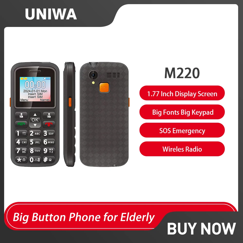 UNIWA M220 GSM Feature Phone SOS 1.77 Inch Dual SIM Simple Cheap Big Button Keypad Cellphone for Elderly Arabic Russian Keyboard