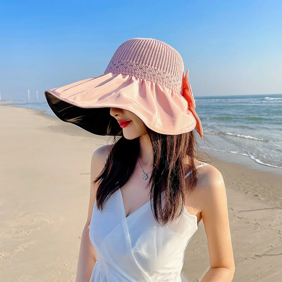 Large Brim Hat Korea Women Outdoor UV Big Head Sunhat Silver Silk Line Back Opening Bow Sun Hat Beach UPF50+ 56-58cm