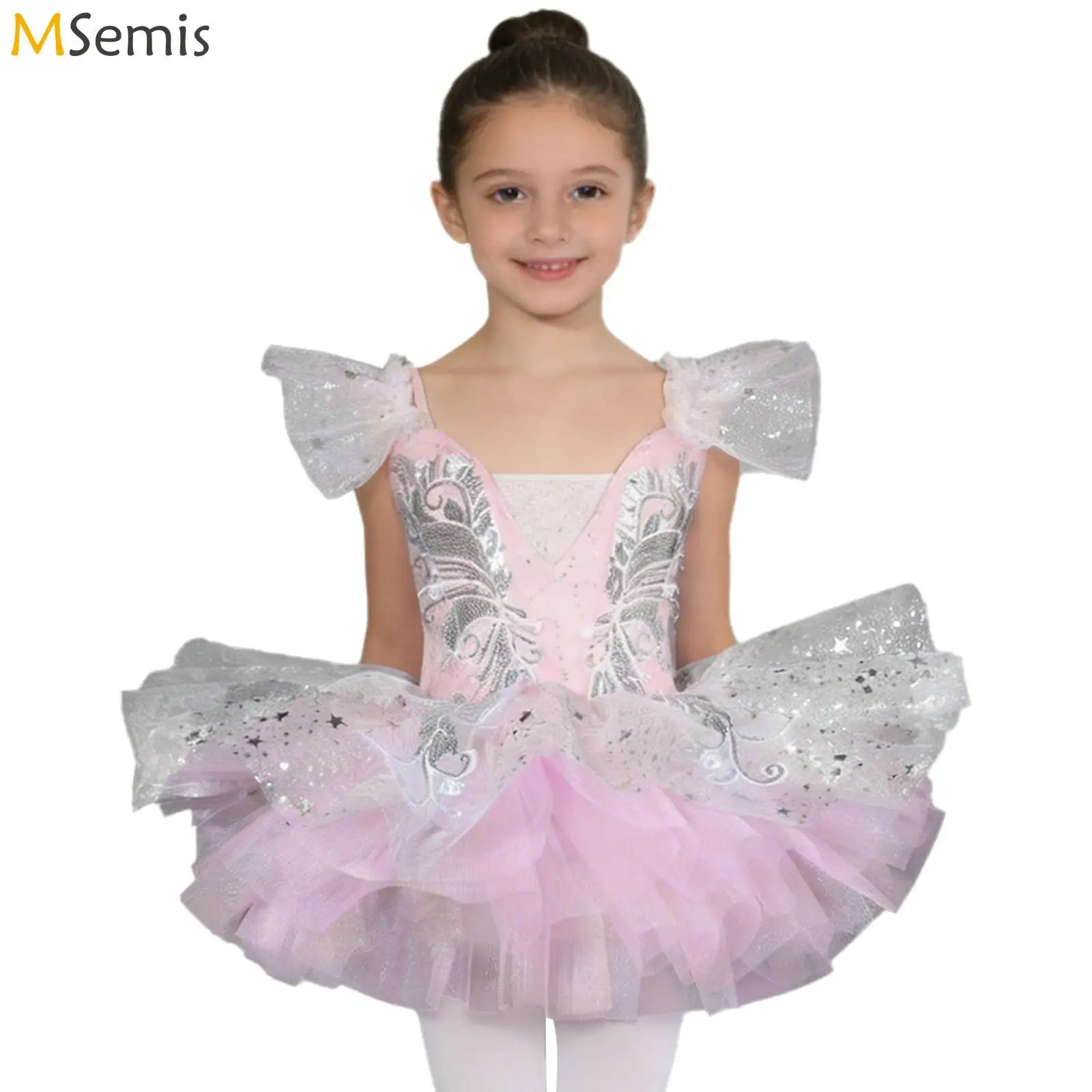 

Kids Girls Princess Professional Ballet Dance Dress Ruffled Sleeves Shiny Sequin Ballerina Tulle Tutu Dress Performance Costumes