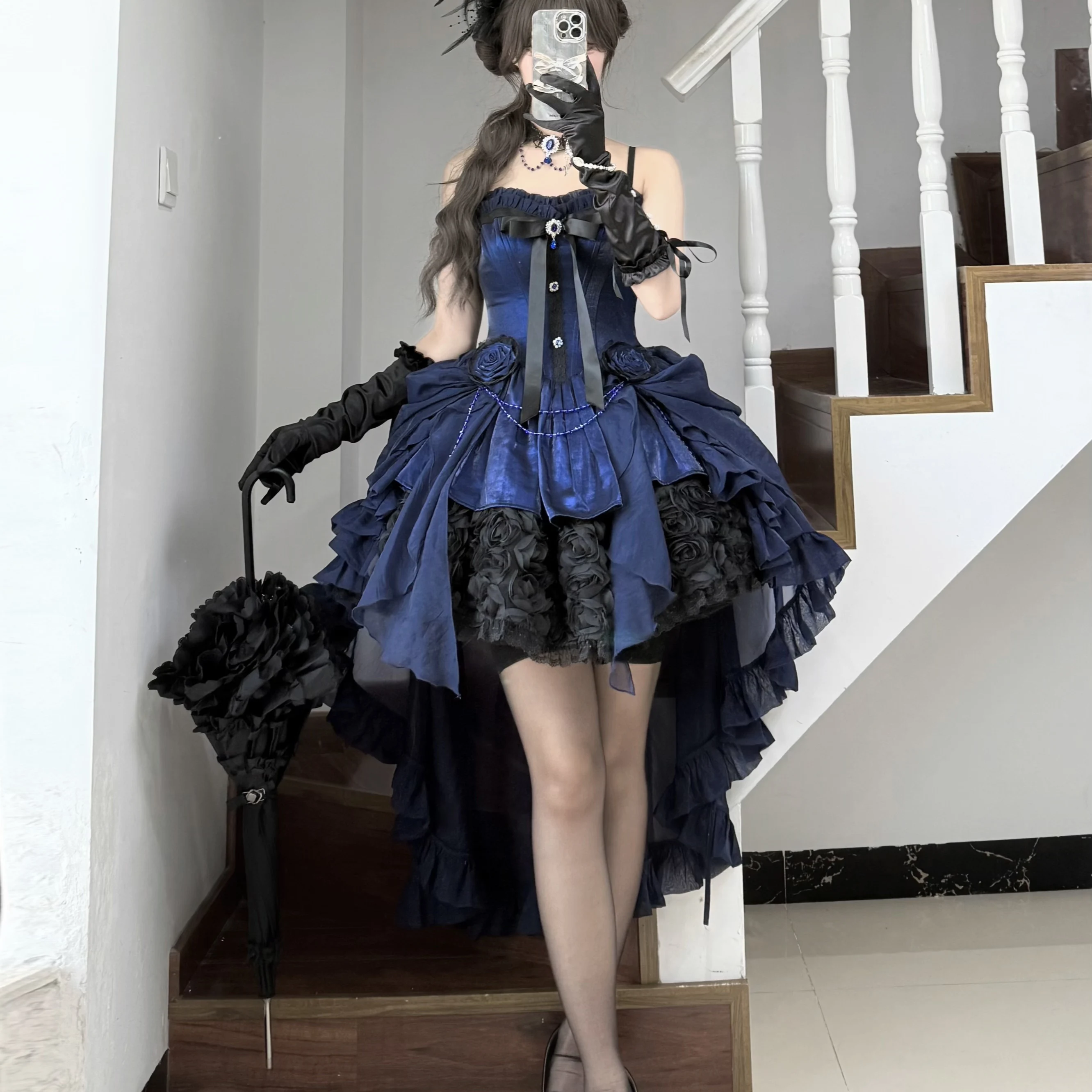 Elegancka Sukienka Vintage Gotycka Księżniczka Lolita Bez Rękawów Odkryte Ramiona Wysoki Stan Łączona Kwiaty 3D Krótka Puszysta Sukienka na Imprezę Damska