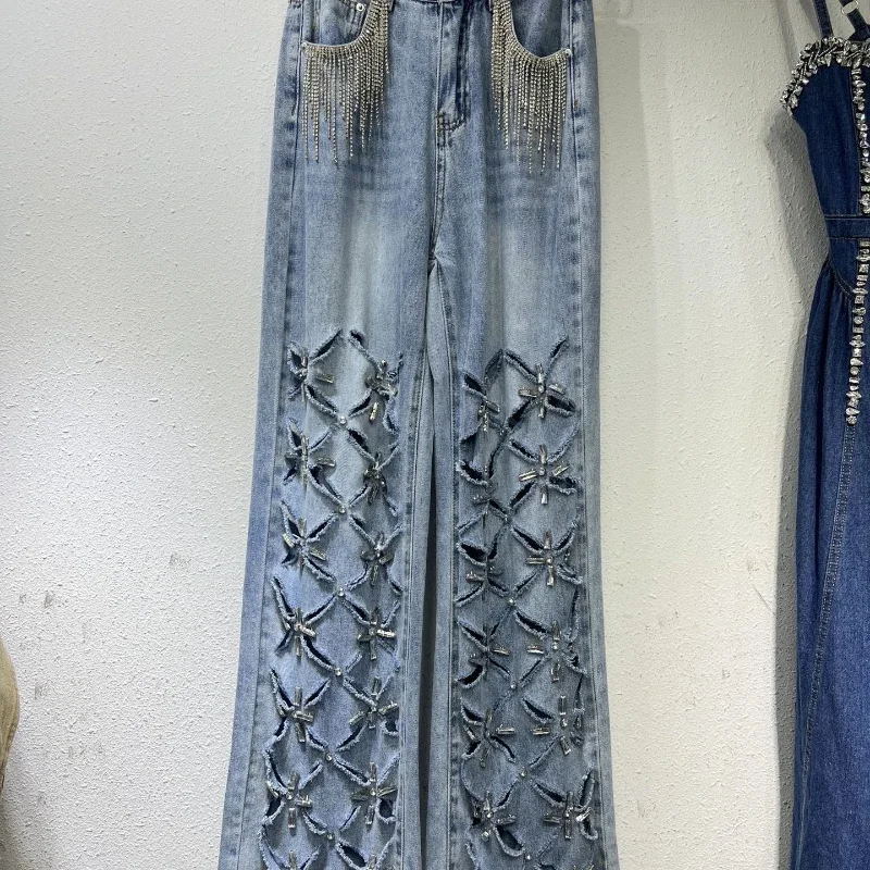 

Hot Drilling Tassels Holes Straight Denim Pants High Waist Hollow Diamonds Beaded Fringed Ripped Jeans Trousers Pantalones 2023