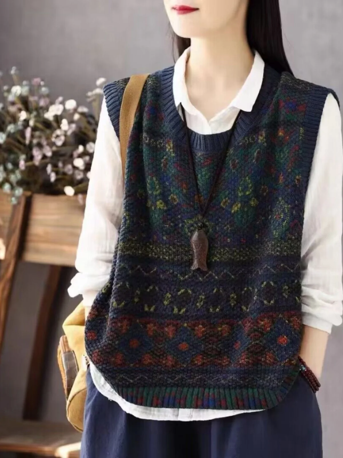 

Художественный вязаный жилет в стиле ретро, свободный женский многослойный жилет, осень 2021, одежда для мам, круглый Ne Svel Jaet