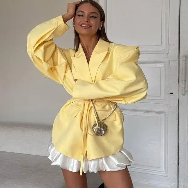 

Lazy Sle Костюм с широкими плечами Jaet с поясом на талии Повседневная модная женская одежда из полиэстера Long Sve Торжественная одежда