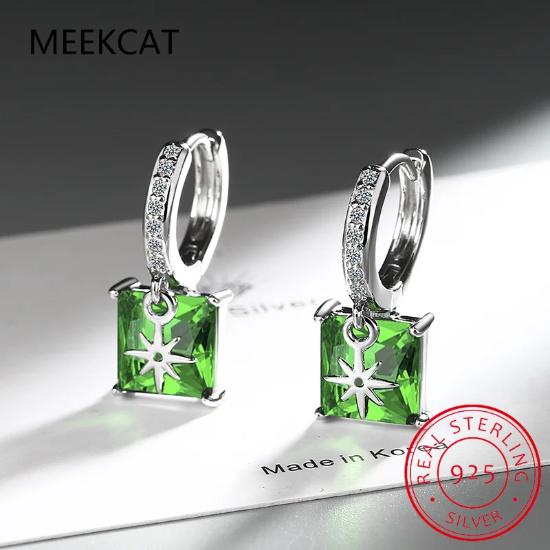 Square Princess Cut Genuine Natural Green Peridot 925 Sterling Silver Hoop Earrings for Women Gemstone Earring Huggies