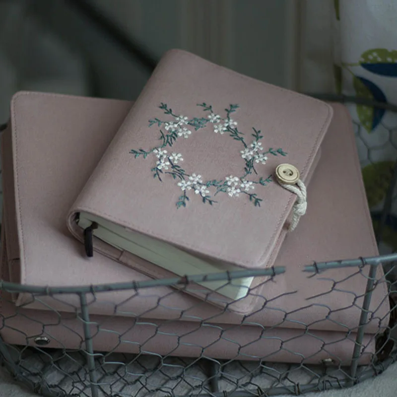 Cotton Pink Note Books Embroidery Wreath Loose Leaf A5 / A6 Binder Notebook Diary Cover Artist Moterm Ring Planners Notepad