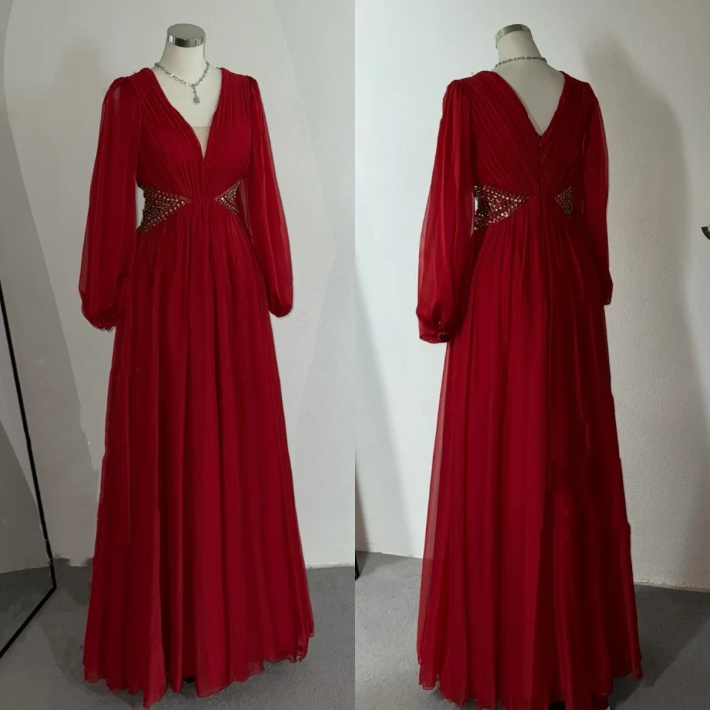 

Customized Casual Classic Chiffon Pleat Draped Beading Rhinestone A-line V-neck Long Dresses Evening Dresses Exquisite Pastrol
