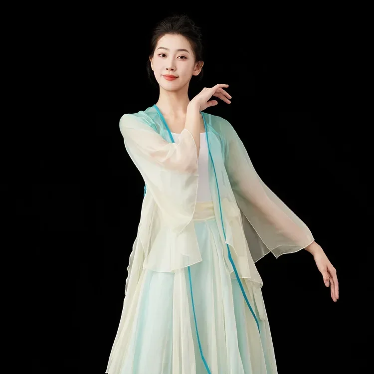 

Кардиган, одежда для классических танцев, газовый топ с градиентом, элегантная шифоновая тренировочная блузка с рифмами, китайская фея Ханфу, с длинным рукавом