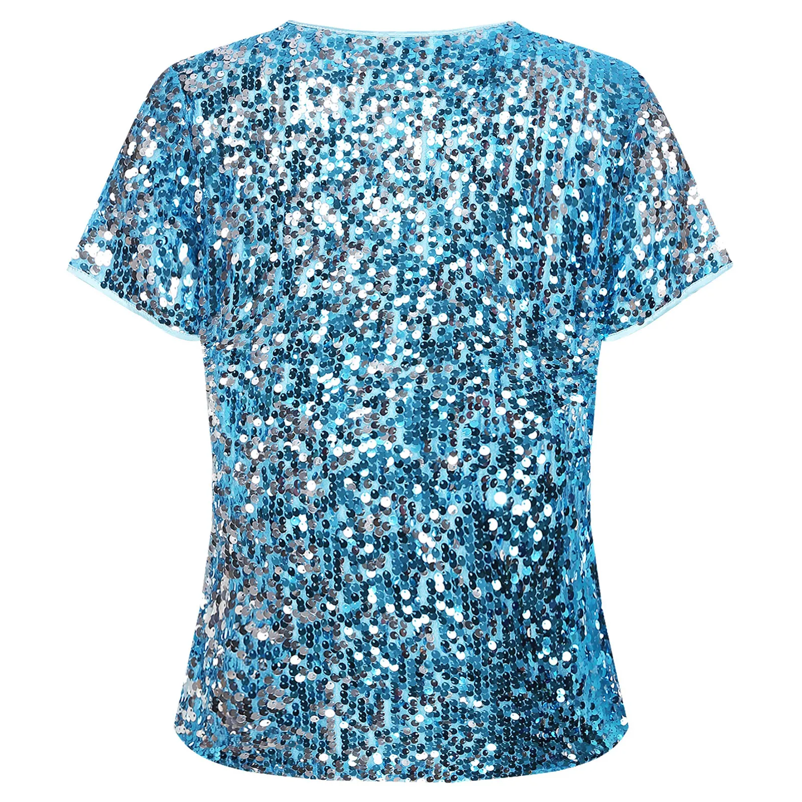 Women Sparkly Sequins Shirts Top Rave Dance Clothes Round Neck Short Sleeve T-Shirts for Cocktail Party Music Festival Nightclub