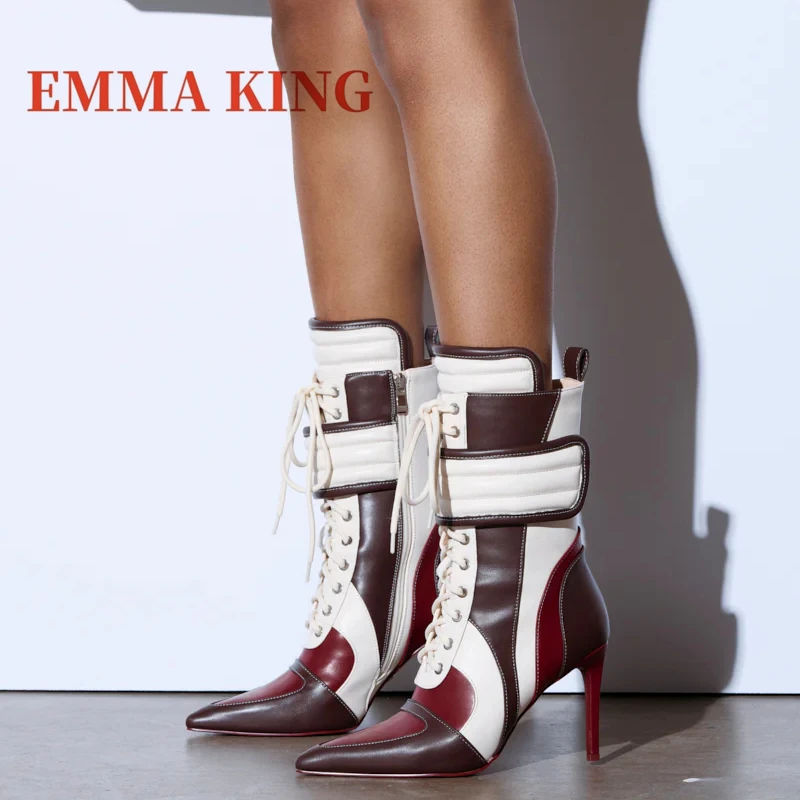 رياضي مدبب تو المرقعة منتصف العجل الأحذية كعب ستيليتو الدانتيل متابعة أحذية الموضة اللون منعت تصميم مأدبة الحفلات الأحذية النسائية #3