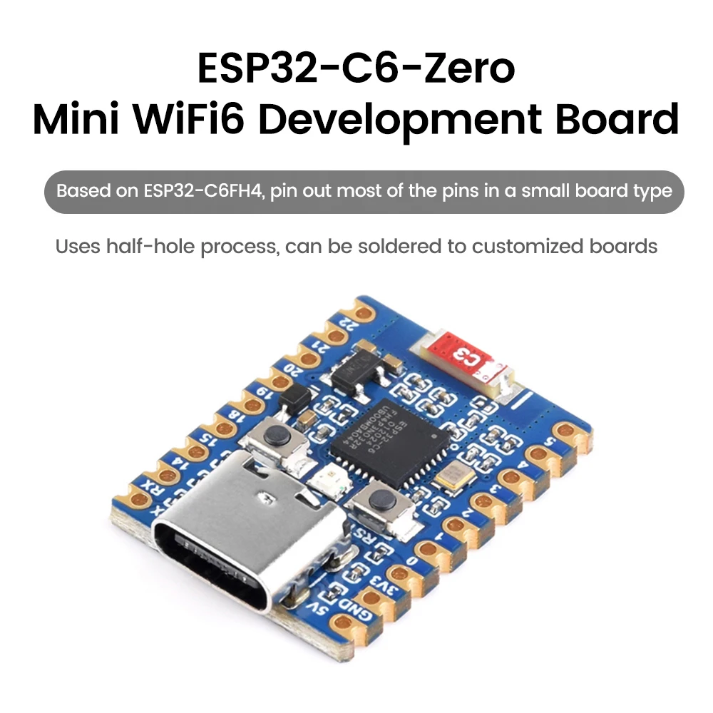 ESP32-C6-Zero Placa de Desenvolvimento Mini, WiFi 6, Módulo Bluetooth, Processadores Duplos, Baseado em Flash 4MB, Tipo-C, ESP32