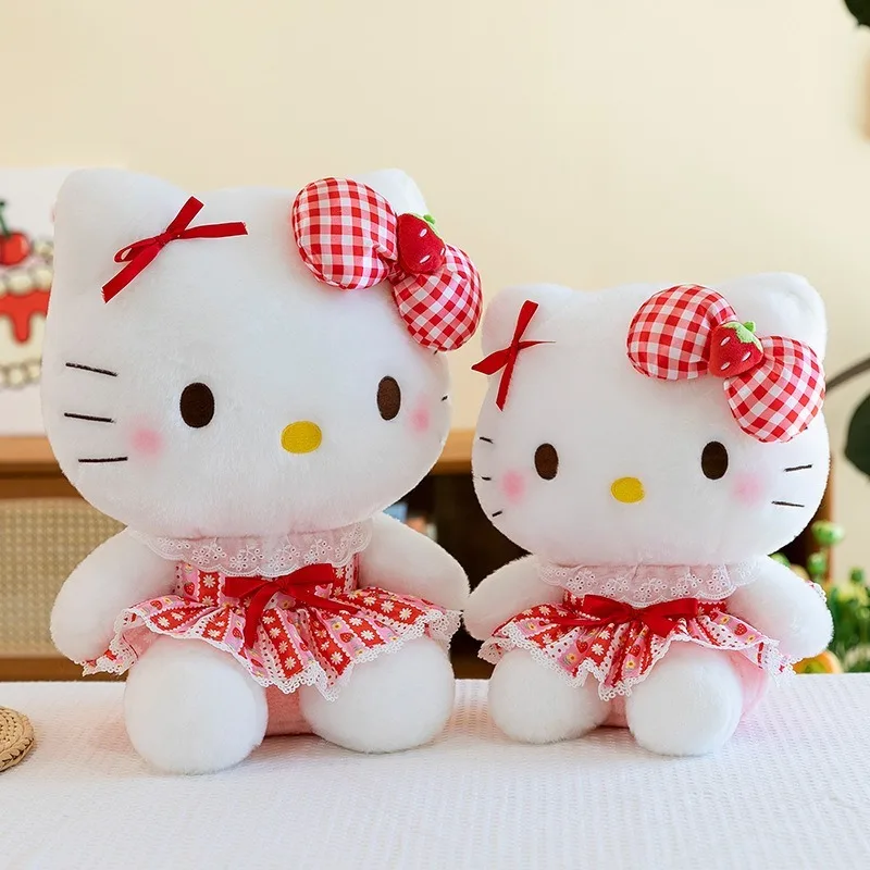 산리오 카와이 딸기 체크무늬 스커트 헬로키티 봉제 인형 귀여운 베개 천 아기 어린이 생일 선물