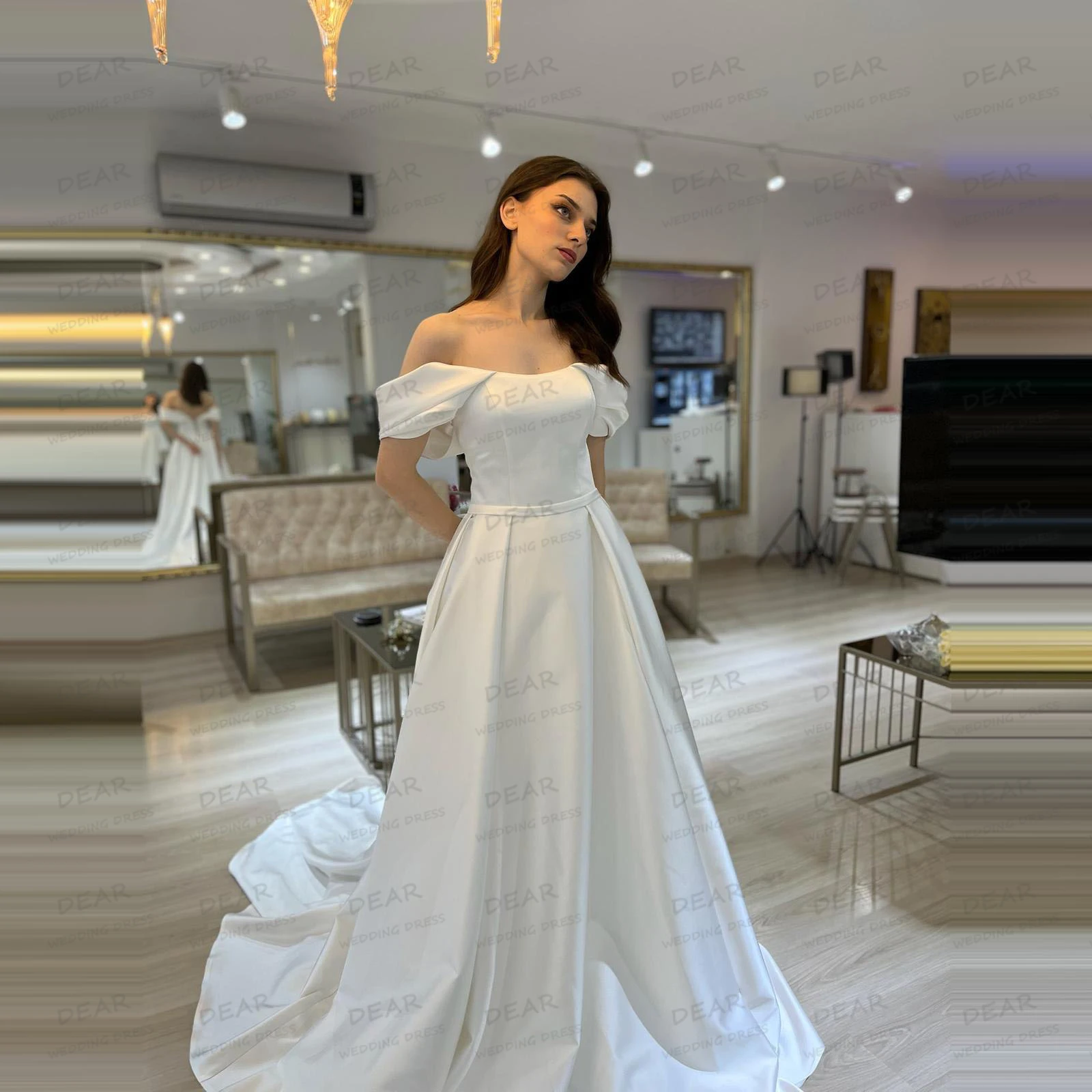

Simple Boat Neck Wedding Dresses A Line Women Bride Gowns Sleeveless Sweep Train Vestidos De Novia Satin Party Customized 2025