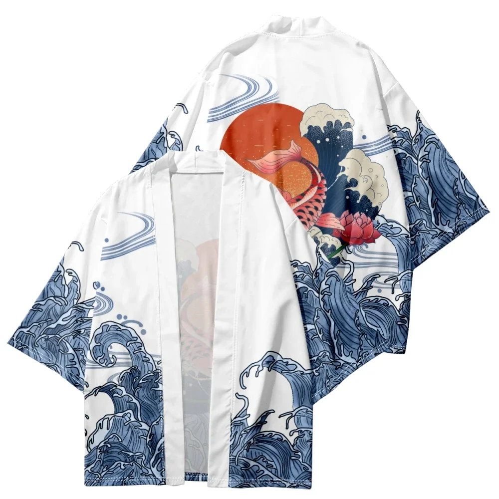 

Cardigan Shirts Cosplay Haori Oversized Streetwear Tops Japanese Fish Wave Print Traditional Kimono Women Men Yukata