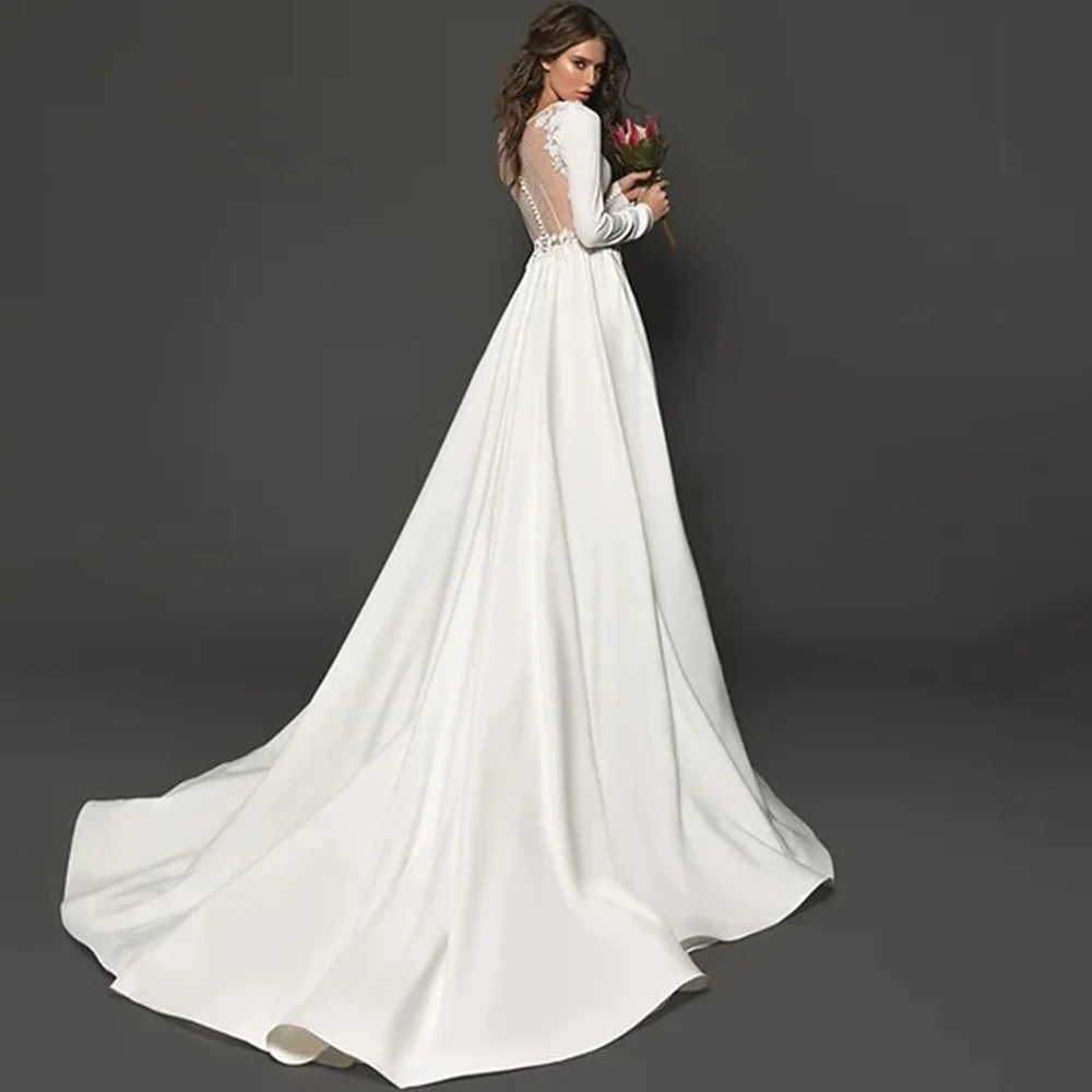 Modern Scoop Neck A-Line Wedding Dress Long Sleeves Jersey Floor Length with Court Train Illusion Back Bridal Buttons Gowns Robe