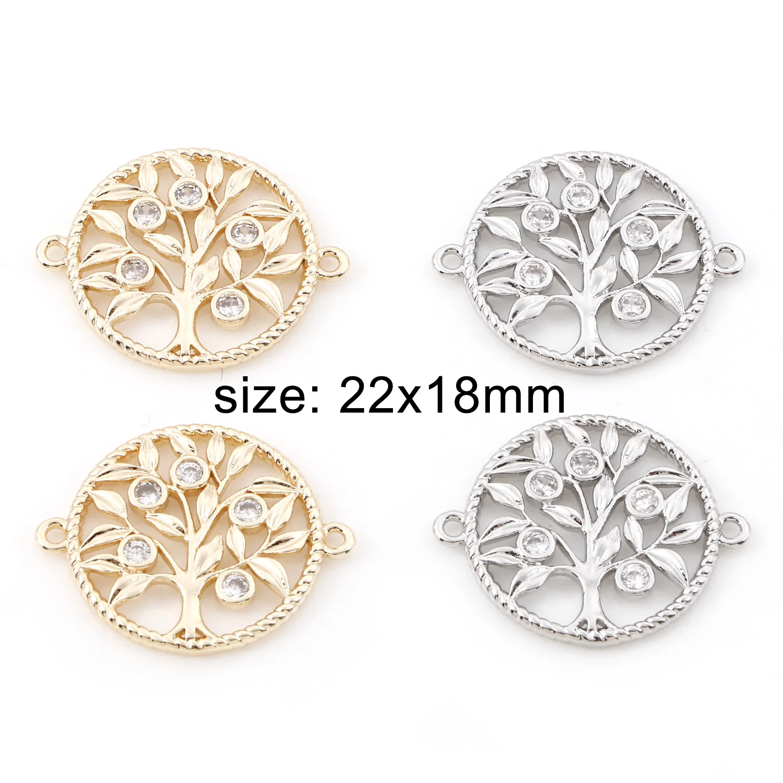 2pcs Copper Connectors Round Tree Gold Color Hollow Micro Pave Clear Cubic Zirconia Charms DIY Necklace Bracelet Jewelry 22x18mm