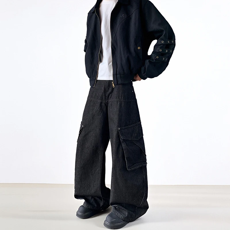 

Весна 2026, мужские джинсы-карго High Street, однотонные повседневные брюки с трехмерными карманами, широкие винтажные мужские джинсовые брюки