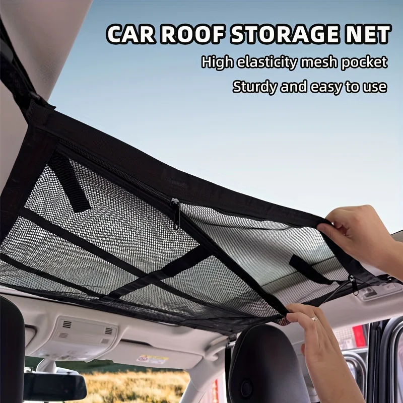 1pc Universal Car Roof Mesh Bag, Car Storage Cargo Zipper Adjustable Net, Sundries Organizer