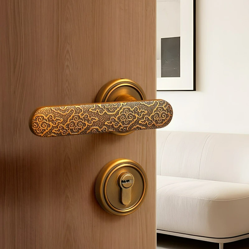 Retro Style Yellow Antique Copper Zinc Alloy Door Lock Universal Silent/magnetic Suction Bedroom Office Split Handle Lock