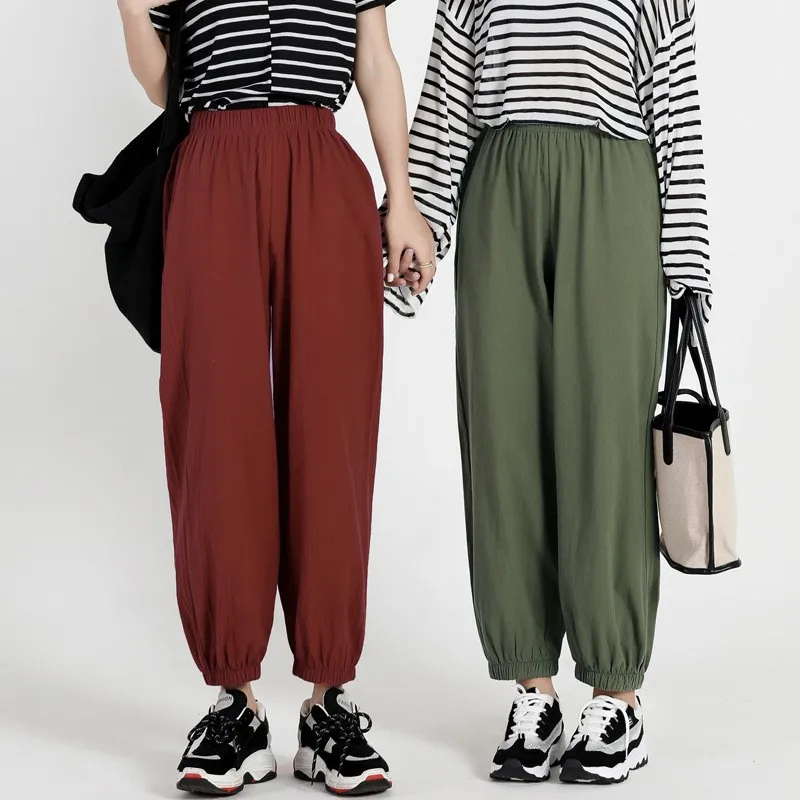 

Женские повседневные брюки из хлопка и льна с высокой талией, свободные, широкие, тонкие, для дома, больших размеров, на резинке, укороченные (7/8)