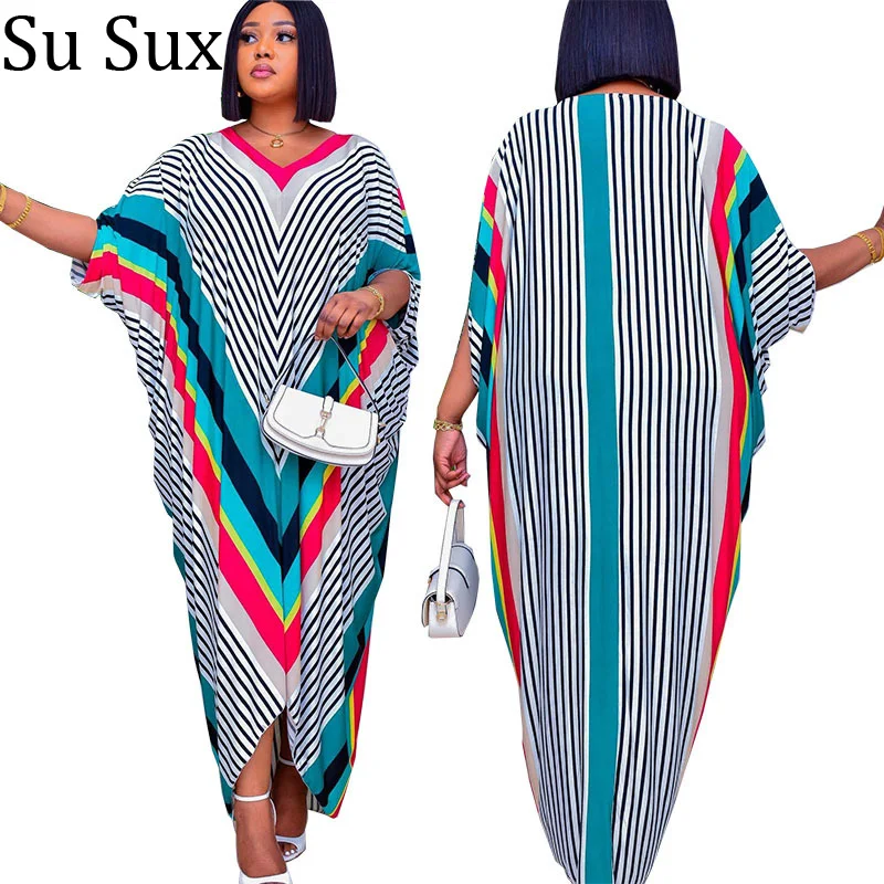 

2023 African Dresses for Women Robe Africaine Femme Ankara Abayas Kaftan Boubou Plus Size Striped Maxi Dress Partyclub