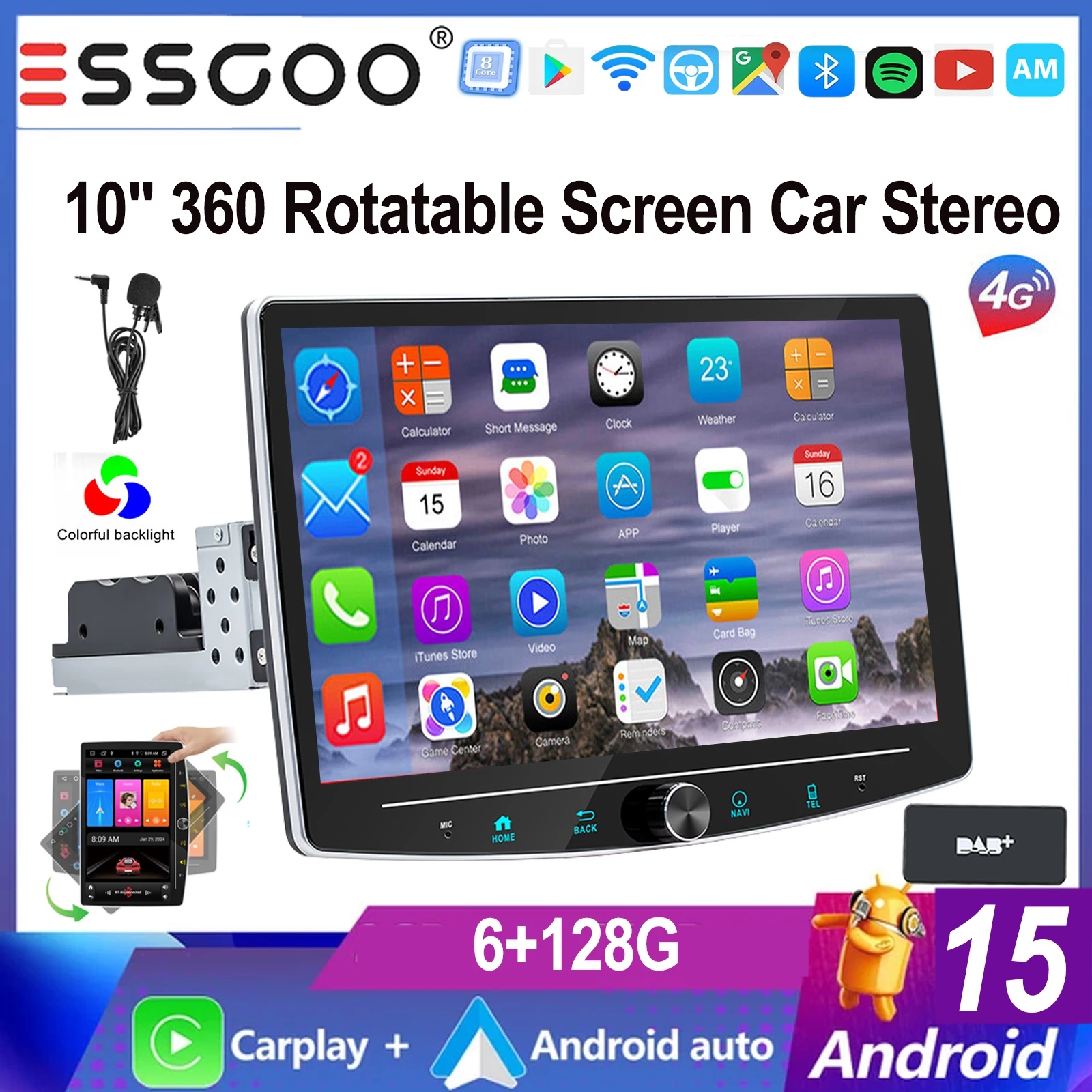 ESSGOO 10,1" Android 15 1 DIN Universeel 360 °   Draaibaar touchscreen carplay MICROFOON Android auto Autoradio Radio GPS NAVI BT WIFI FM