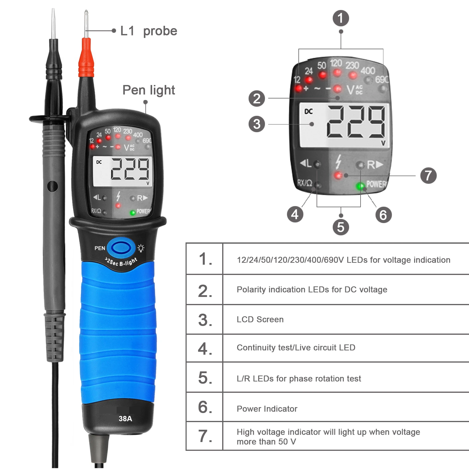 HP-38A 2-poliger Spannungsprüfer mit LCD-Display, Datenüberwachung mit automatischer Haltprüfung, Messung automatisch halten, LCD-Display – Detail 4