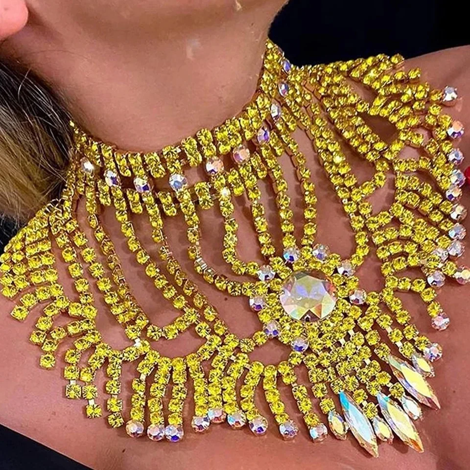 CUIER Yellow Rhinestone Tassel Chain Neckalce Ring Set For Women Huge Choker Jewelry for Drag Queen Shows Accessories