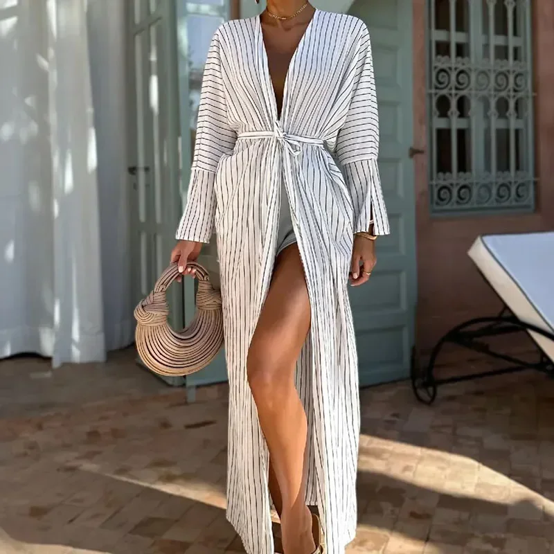 2024 Fashion Vestido V Neck Waist Stripe Drawstring Party Long Dress Women Summer Short Sleeve Loose Beach Women Dresses Smock