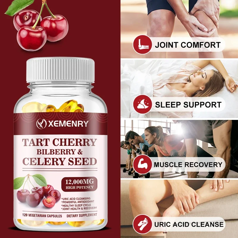 Organic Tart Cherry & Celery Seed Capsules - Uric Acid Cleanse, Support Sleep & Joint Health Muscle Repair