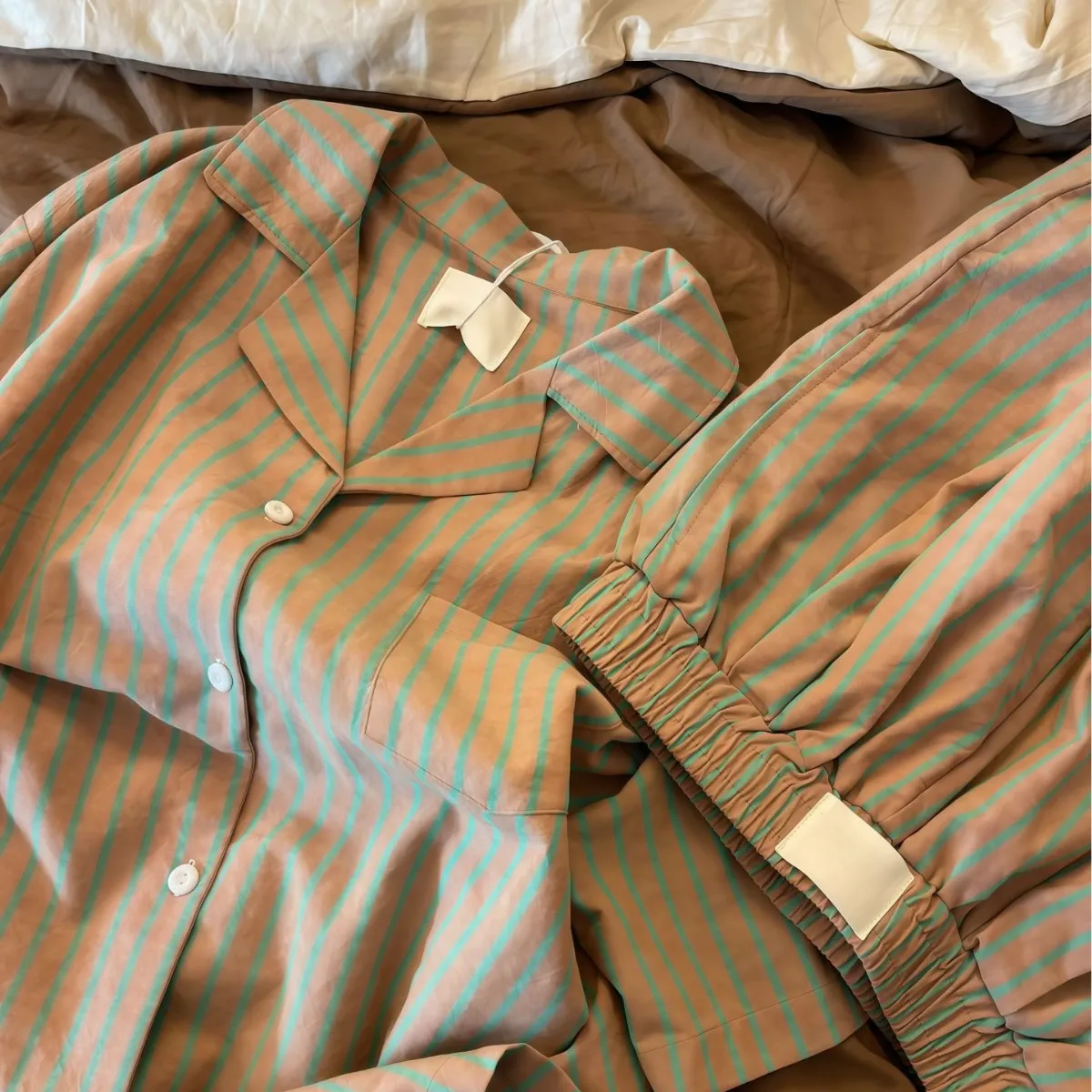 Women's Vintage-Style Striped Pajamas: New Summer Collection—short-Sleeve Top and Shorts, Casual Loungewear, Women's Summer Set