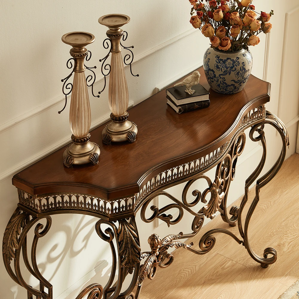 

Entrance table Entrance hall Wrought iron storage table Solid wood small strip art semicircular entrance table