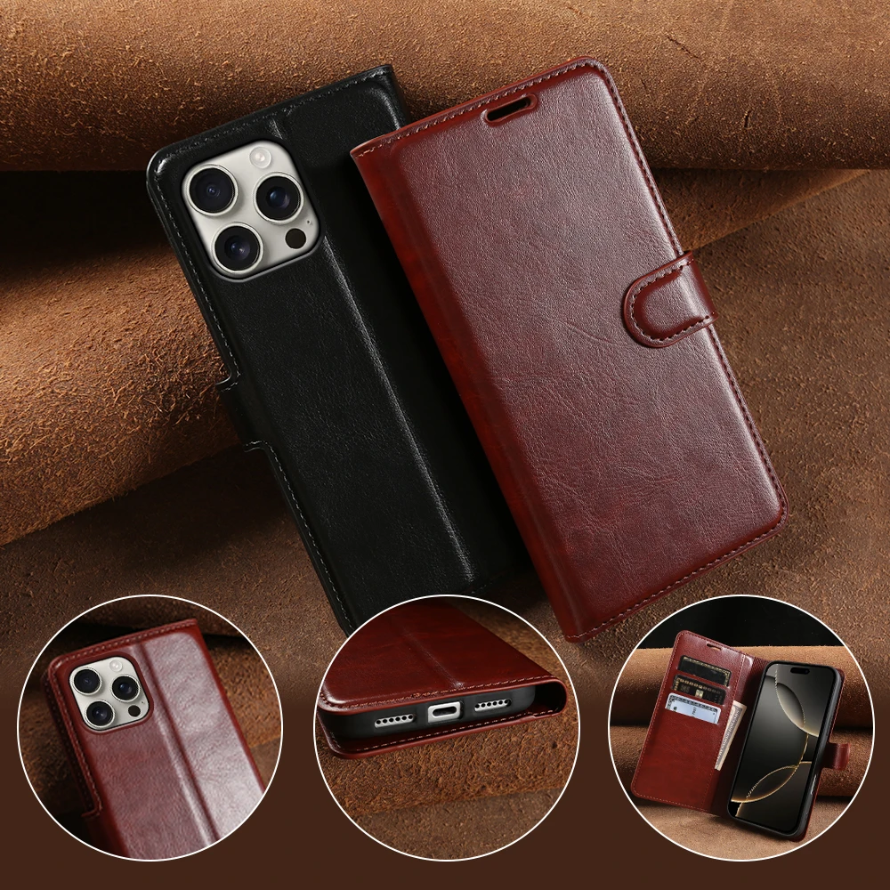 

Crazy Horse Leather Flip Case For iphone 16 17 Pro Max 17e 16e 15 14 Plus 13 mini 12 11 Air Phone Wallet Case Cover Coque Funda