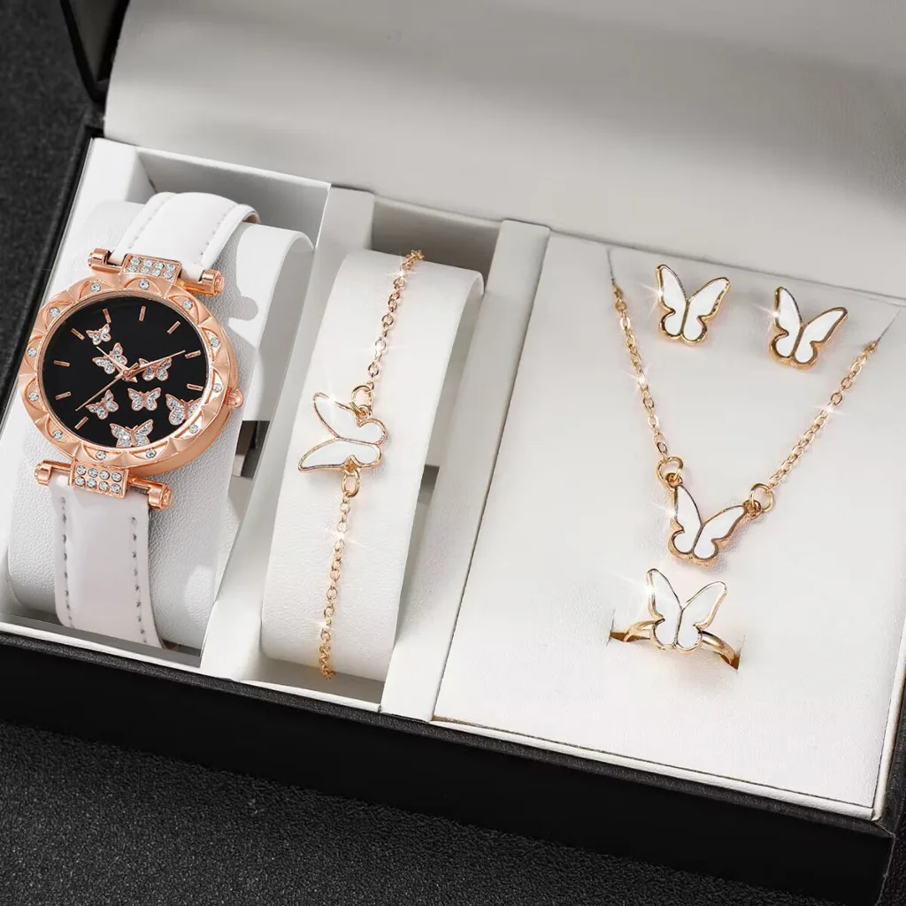 1/6pcs Set Women Quartz WristWatch Ring Necklace Earrings Bracelet Set Watches Butterfly Leather Strap Ladies Watch (No Box)