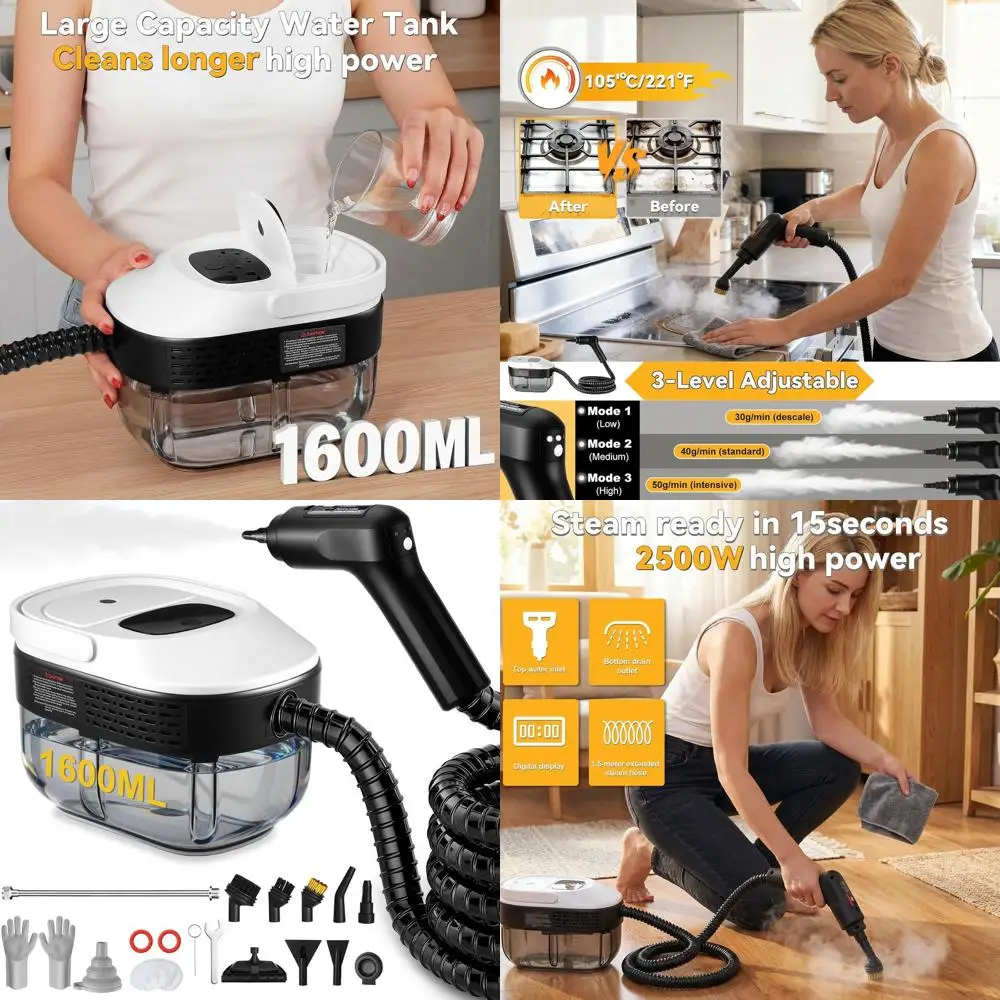 

Портативный ручной пароочиститель мощностью 2500 Вт с баком емкостью 54 унций, 3-уровневая ручка, быстрый нагрев, 20 аксессуаров для дома, автомобиля, использования на кухне