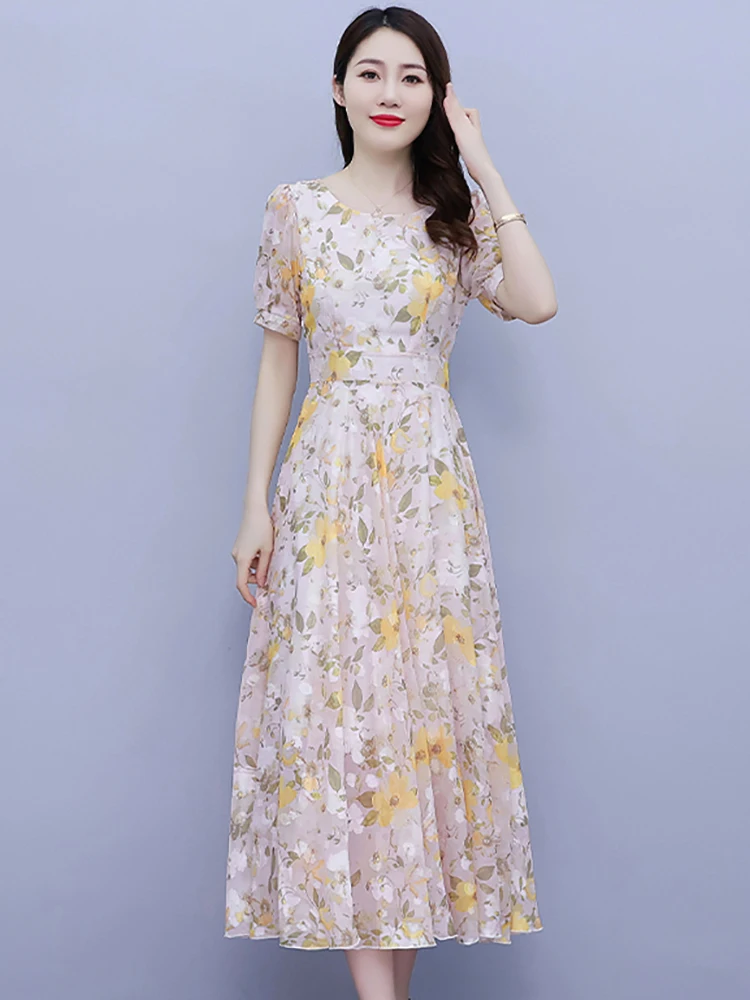 Casual Floral Chiffon Boho Beach Long Dress Summer Women Elegant Bodycon Prom Dress 2024 Korean Chic Party Evening Midi Vestidos