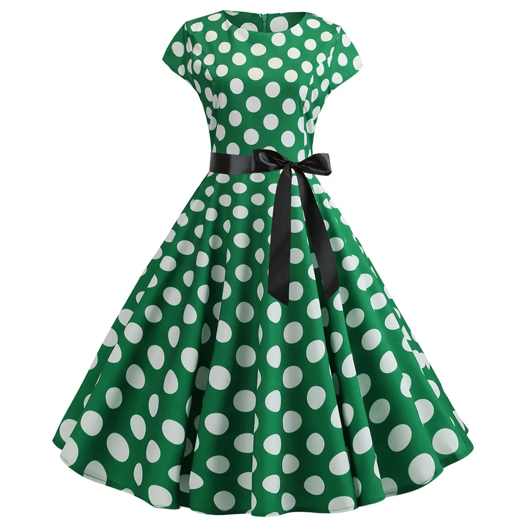 Women Vintage 1950s Polka Dot Print Dress Retro Short Sleeve Evening Party Prom Dress Lace Up High Waist Round Neck A Line Dress