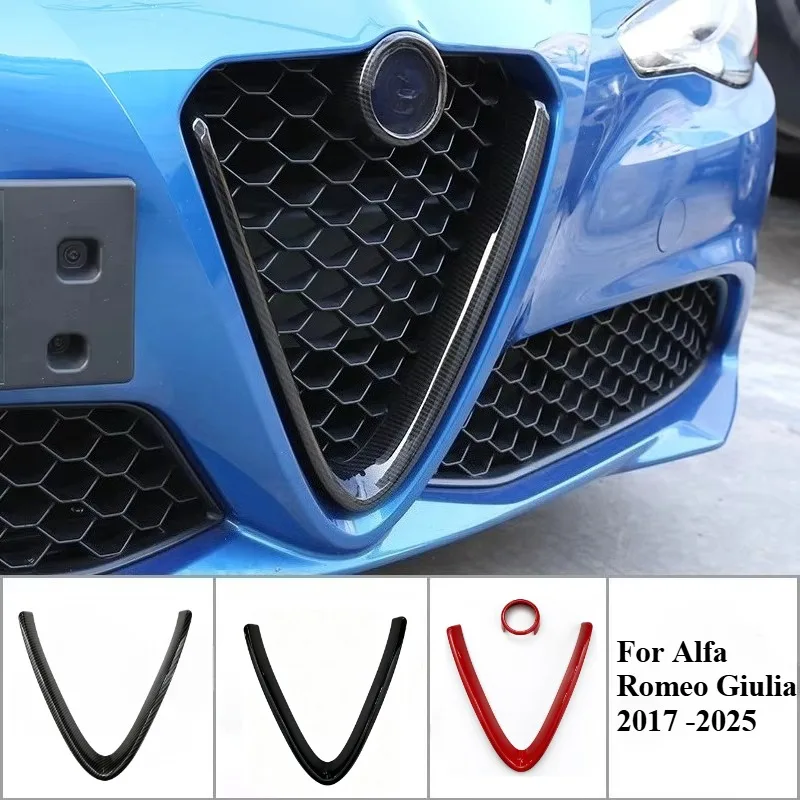 Do Alfa Romeo Giulia 2017-2025: przednie kratki wentylacyjne z logo w kształcie litery V, osłona, listwa dekoracyjna, naklejka, akcesoria do przedniego ramienia.