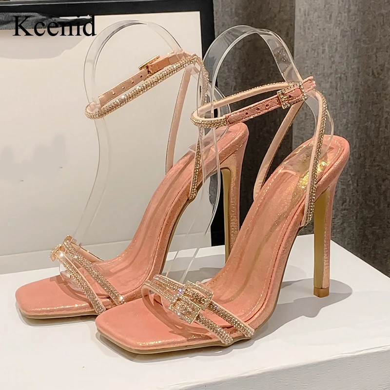 

Kcenid 2023 New Fashion Rhinestone High Heels Gladiator Silver Ankle Strappy Sandals Women Sexy Stiletto Party Wedding Shoes