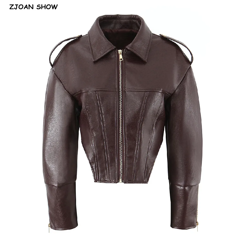 New Spring American Retro Women Slim Waist PU Leather Jacket Lapel Collar Front Zipper Long Sleeve Coat Crop Hem Short Outerwear