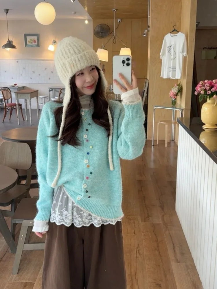 Women's 2026 Autumn Korean Slouchy Niche Long Sleeve Knit Cardigan Loose Teal Top Warm Elegant Chic Coquette Trendy Outerwear