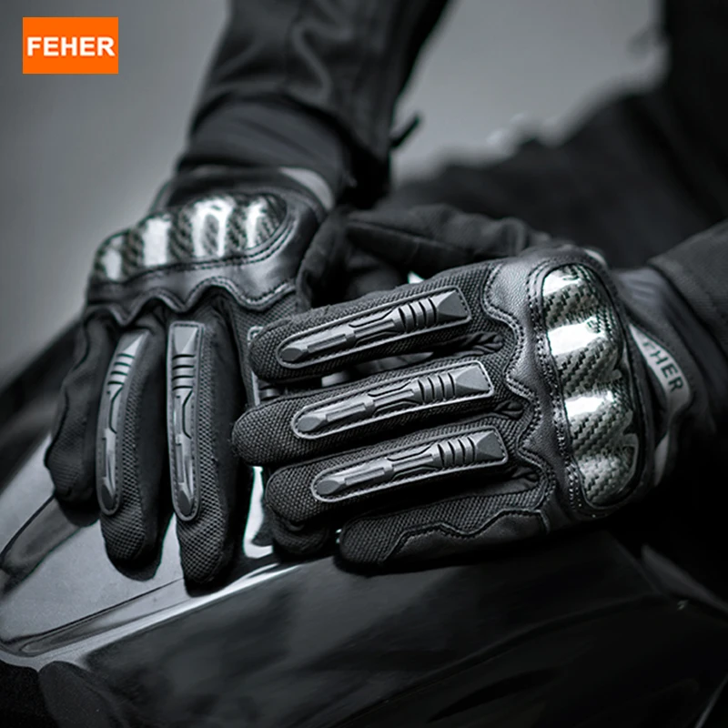 

FEHER Men's Motorcycle Gloves Summer Breathable Genuine Leather Riding Gloves Touch Screen Anti-fall Ventilated Motorbike Gloves