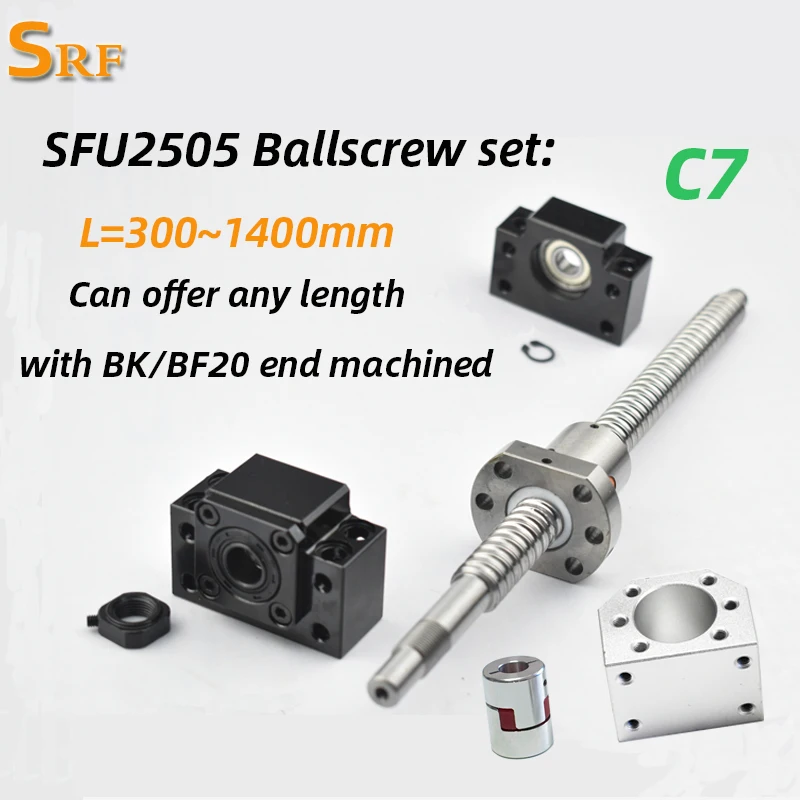 

Rolled Ball Screw C7 RM2505 sets:300~1400m any length with single ballnut+ BK/BF20 end support+Ballnut housing+coupler for CNC