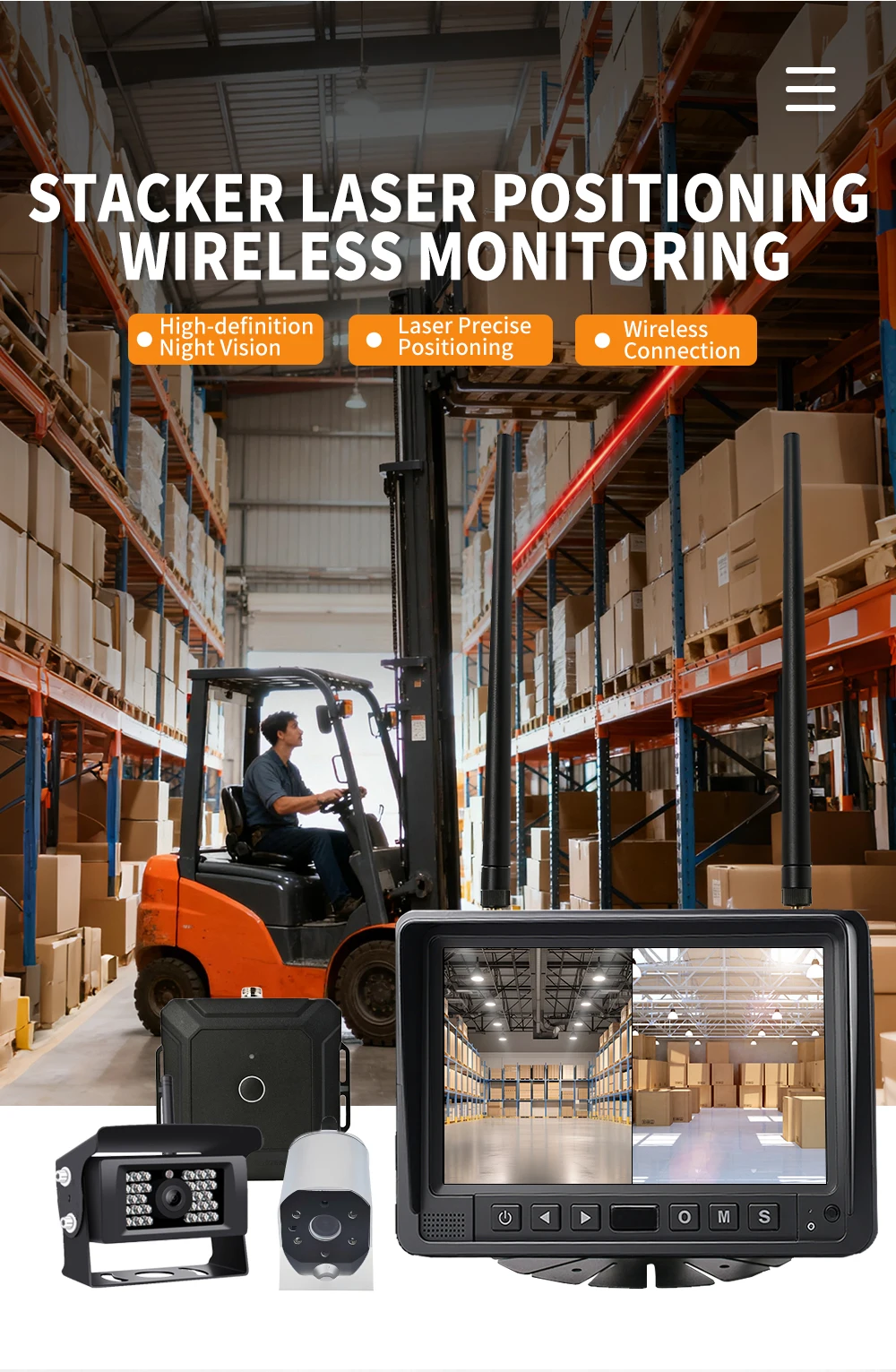 

2026 Single ca-mera Forklift Wireless Laser- Light Safety System | Rear Blind Spot Detection Pedestrian Warning System 1280*720P