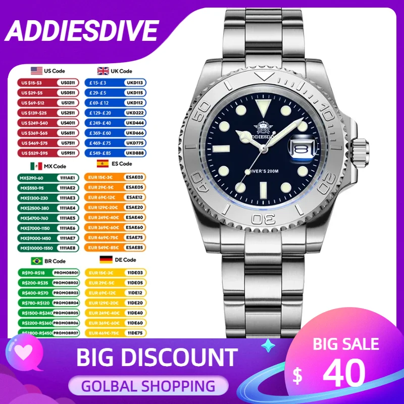 ADDIESDIVE 최고 브랜드 스테인레스 스틸 다이브 시계 럭셔리 캘린더 창 쿼츠 시계 블루 루미너스 200M 방수 손목시계