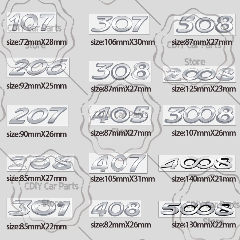 Car Sticker For Peugeot 107 407 308 408 508 307 301 405 208 207 206 2008 3008 4008 5008 chrome Silver Letter Emblem Metal Badge