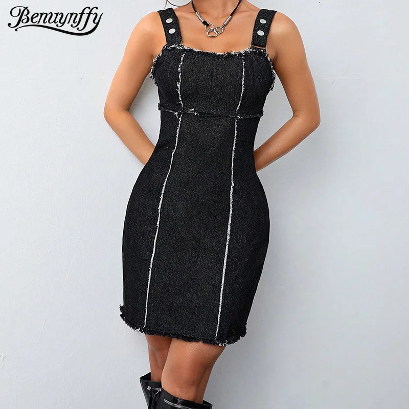Benuynffy Sleeveless Raw Trim Straps Denim Dress Women's Y2K Backless Zipper Casual Bodycon Short Dresses Streetwear 2025 New