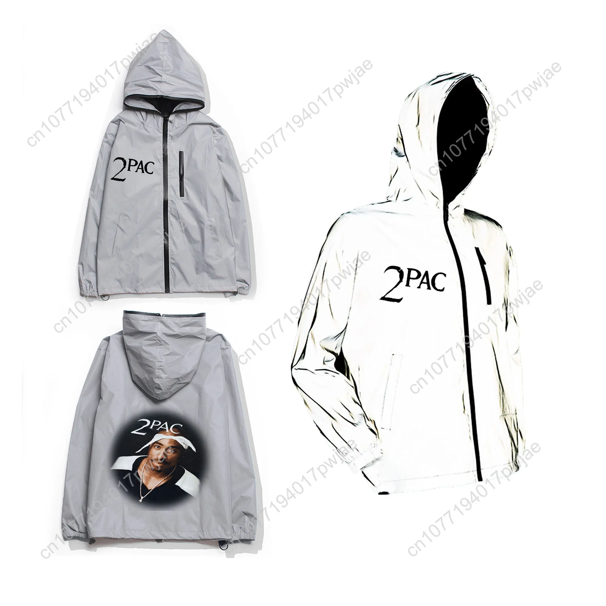 Tupac Hip hop Rapper 2Pac Reflective Jacket Mens Womens Coat Hooded Windbreaker Pocket Jackets Hiking Zipper Customized Hoodie