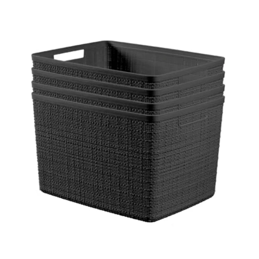 

Set of 4 Jute Decorative Plastic Organization and Storage Baskets - Perfect Bins for Home Office, Closet Shelves, Kitchen Pantr