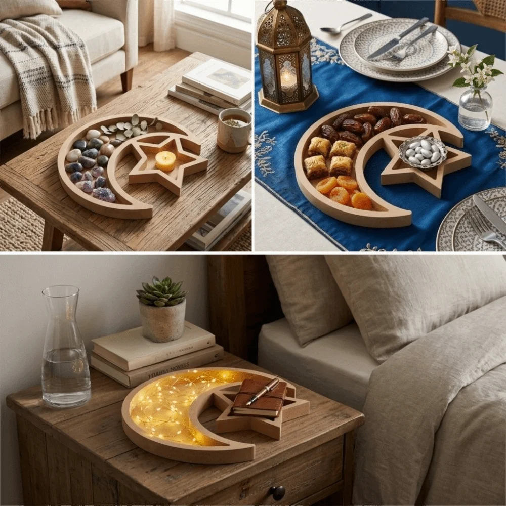 Unique Artistic Wooden Ornament Tray Star and Moon Smooth Decorative Dish Irregular Shallow Groove Snack Plate Home